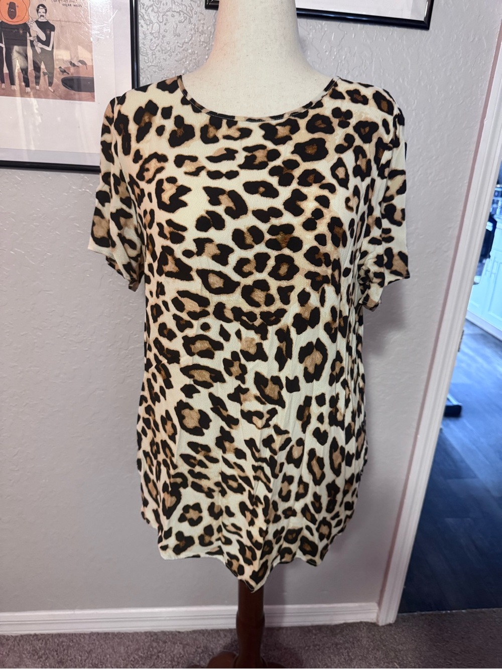 Leopard Print Short Sleeve Women's Blouse - Cream and Brown